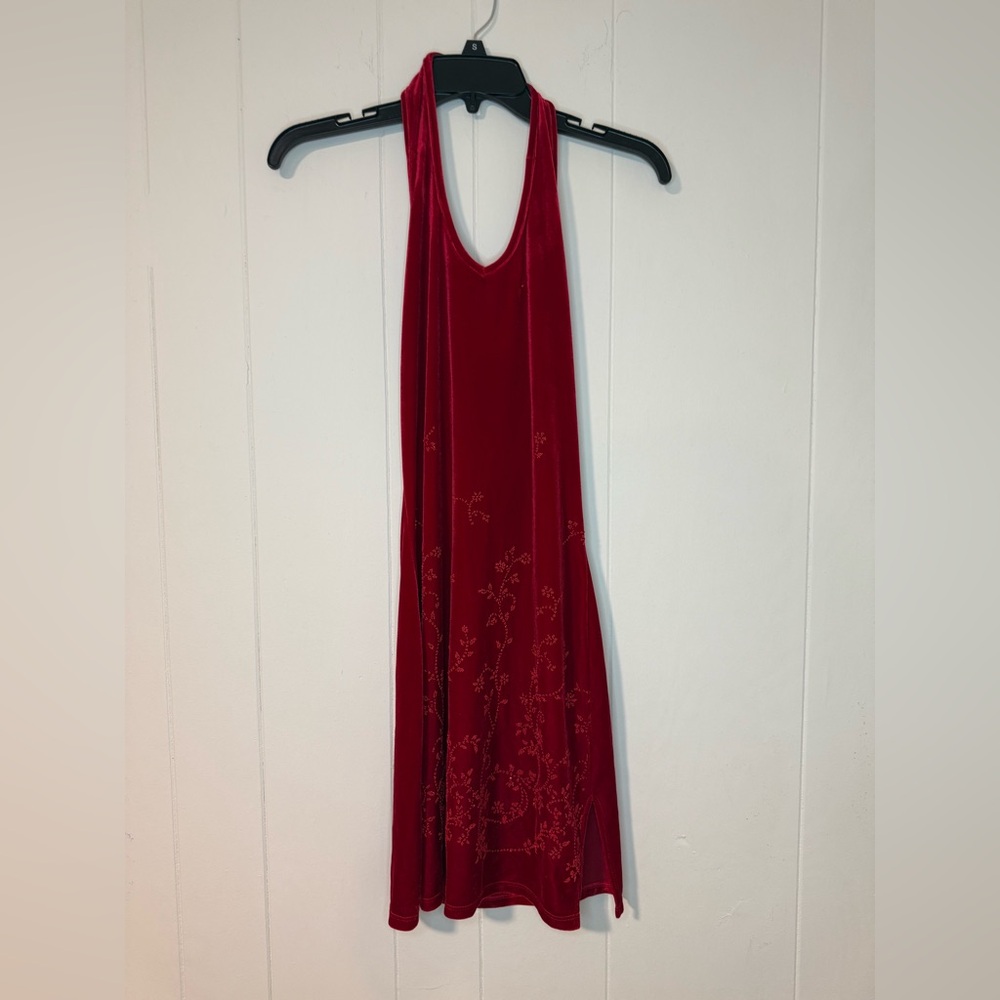 Beware halter Vtg 90s Dress Crushed Velvet with floral details